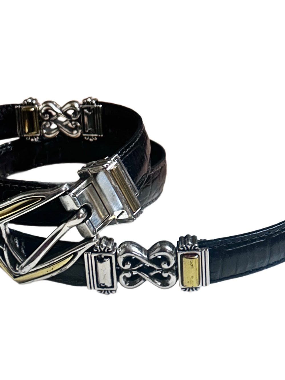Brighton ~ Medium Reversible Black/Brown Leather W/Silver & Gold Medallion Belt